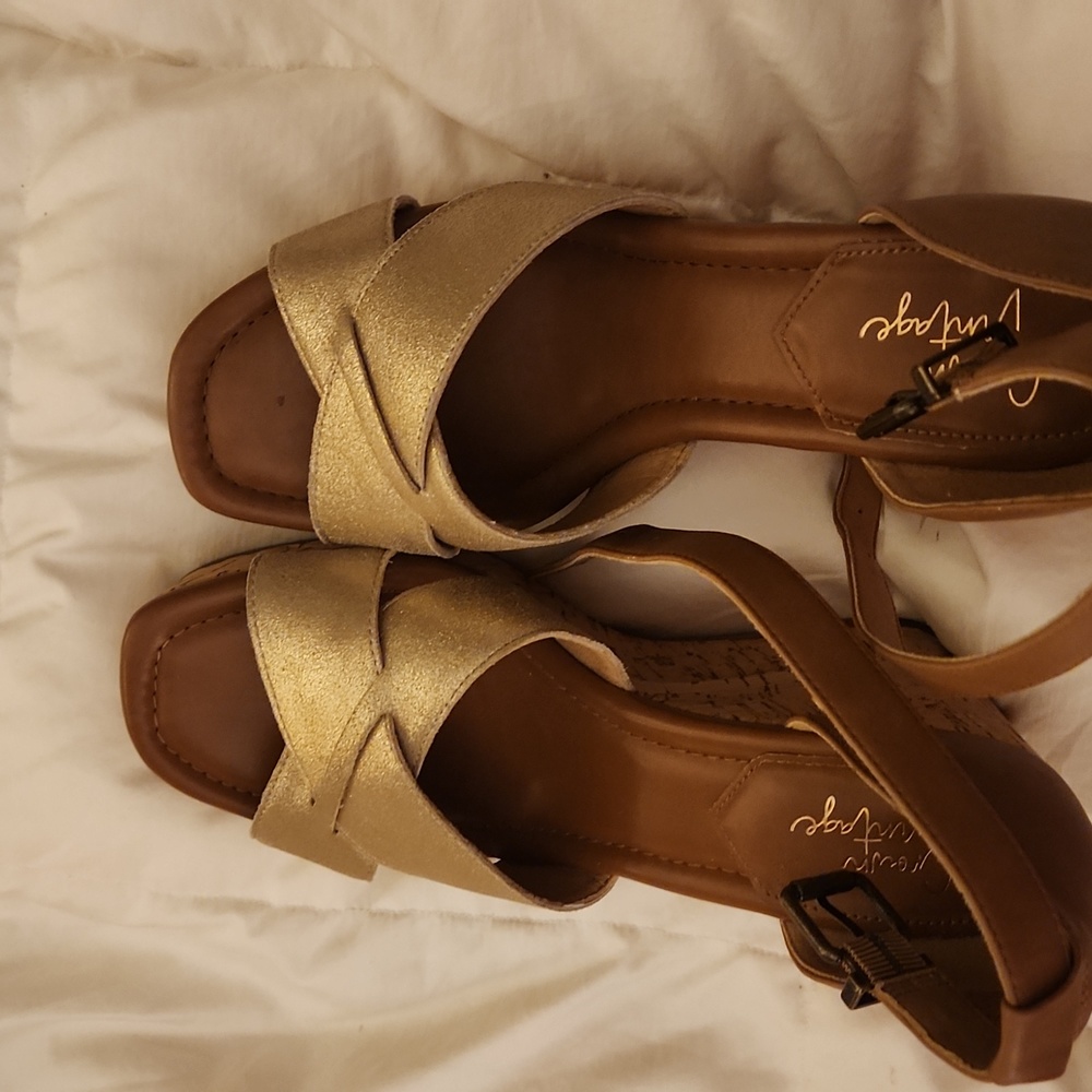 Platform gold and tan wedges